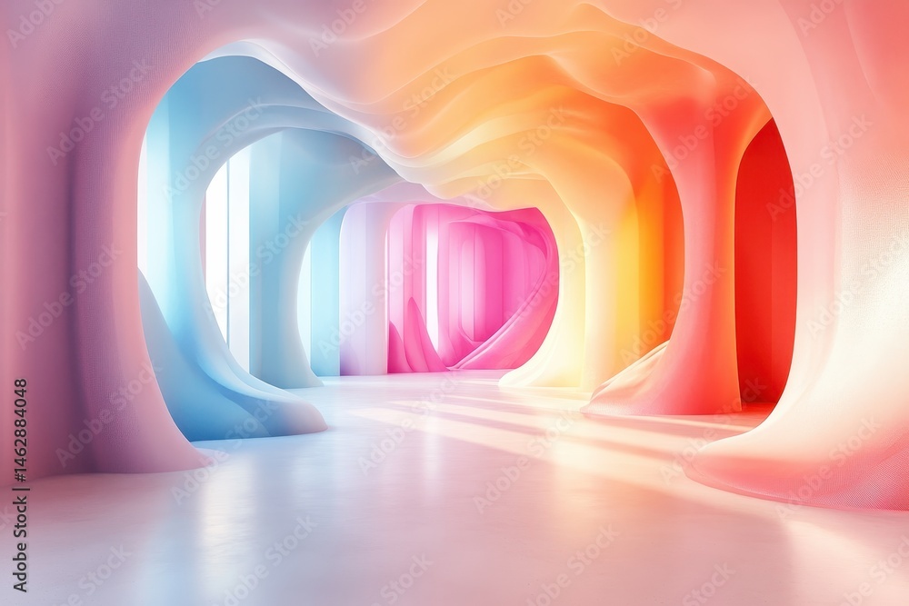 Poster colorful abstract corridor with flowing shapes and soft lighting in a modern art installation during