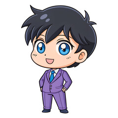 Obraz premium Chibi Cartoon Illustration of a Cute Little Boy in a Purple Suit on Transparent Background