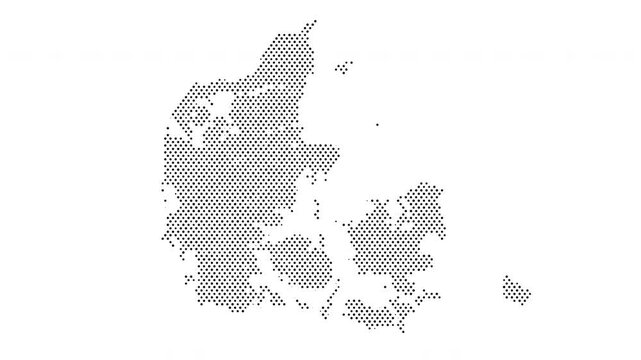 Denmark map from particles, dots. Digital silhouette. Abstract animation background.
