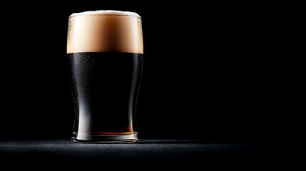 Engraved Pint of Dark Beer with Frothy Foam on Black Background
