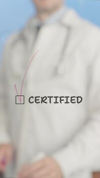 Medical professional in white lab coat marking certification checkbox on transparent board, highlighting healthcare expertise and quality validation against blue background