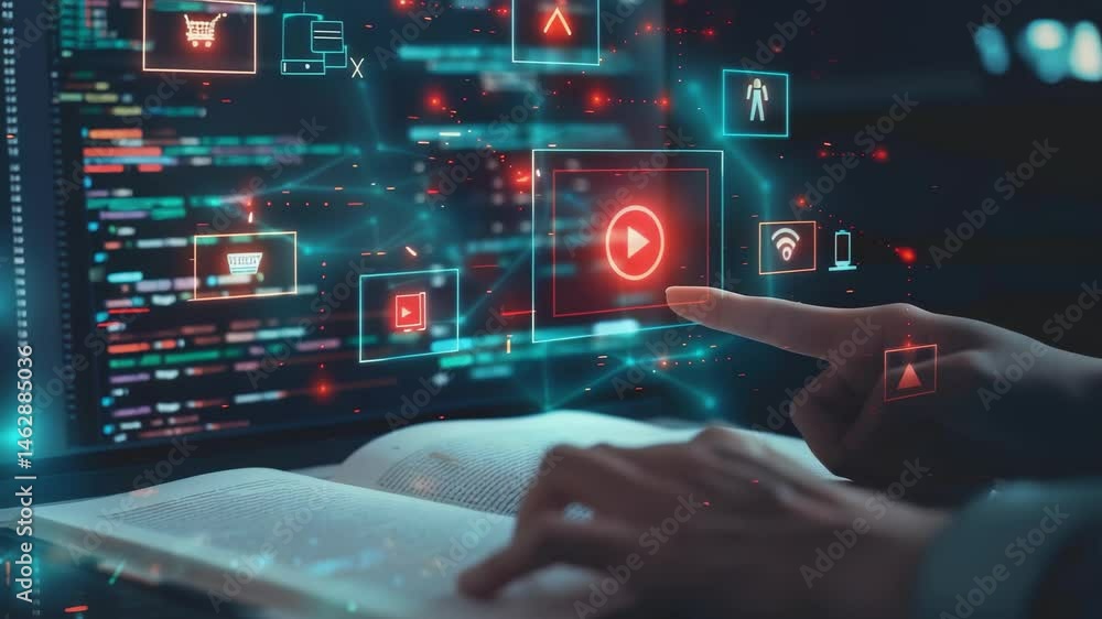 Poster Hands interact with a screen displaying digital icons overlaying code , data. A physical book sits below, suggesting a blend of traditional , digital learning in an engaging , modern environment.