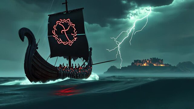 Viking longship sailing stormy sea, dark fantasy seascape, medieval warship, dramatic naval battle scene, ancient Nordic vessel.