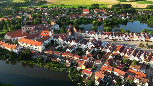 Aerial view of the beautiful town of Telč, Czech Republic, Europe. UNESCO heritage site as seen from the air.