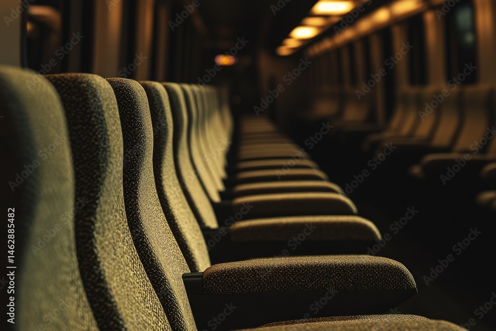 Poster empty train seats illuminated by soft light, creating a serene and peaceful atmosphere.