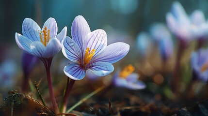 Pale flowers with purple stripes in a spring scene