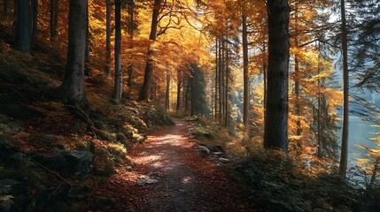 Obraz premium Path through autumn forest, golden leaves