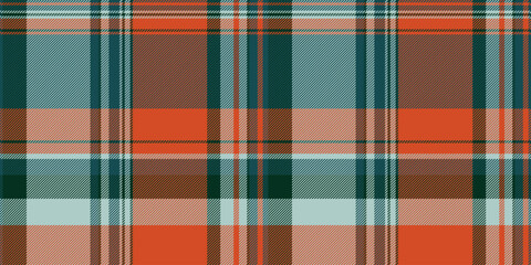 Vibrant autumnal plaid pattern in orange, teal, and beige. Perfect for textile design, apparel, website backgrounds, or fallthemed projects.