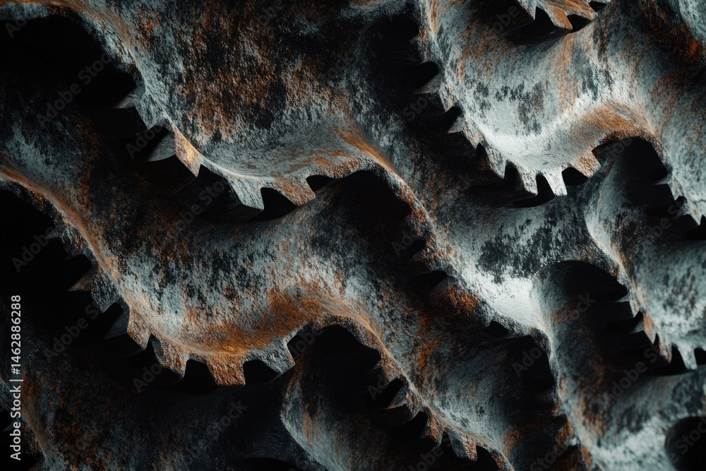 Poster abstract image of rusty, textured, interlocking gears forming a wave pattern.