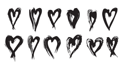 Collection of abstract black hearts hand drawn with ink, set of grunge hearts drawn with dry brush, grunge elements, love concept, Mother's Day, Valentine's Day, International Women's Day