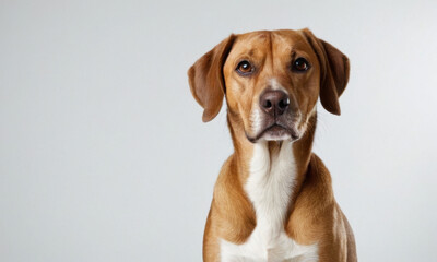 A brown and white dog looking up at the camera, possibly friendly or curious