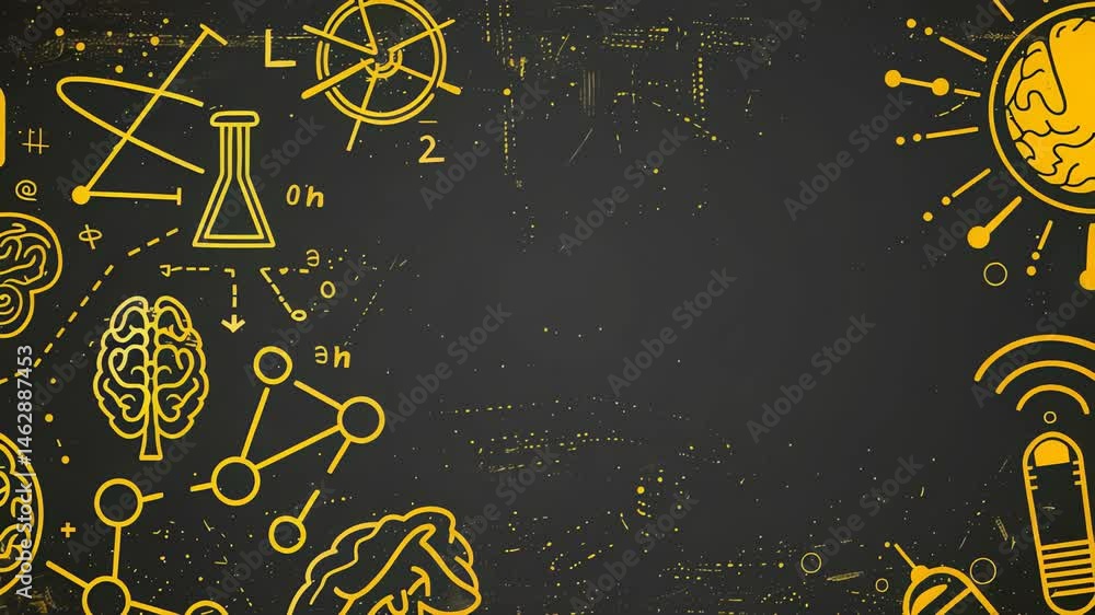 Poster a background featuring scientific and technological illustrations. images of brains, molecules, and 