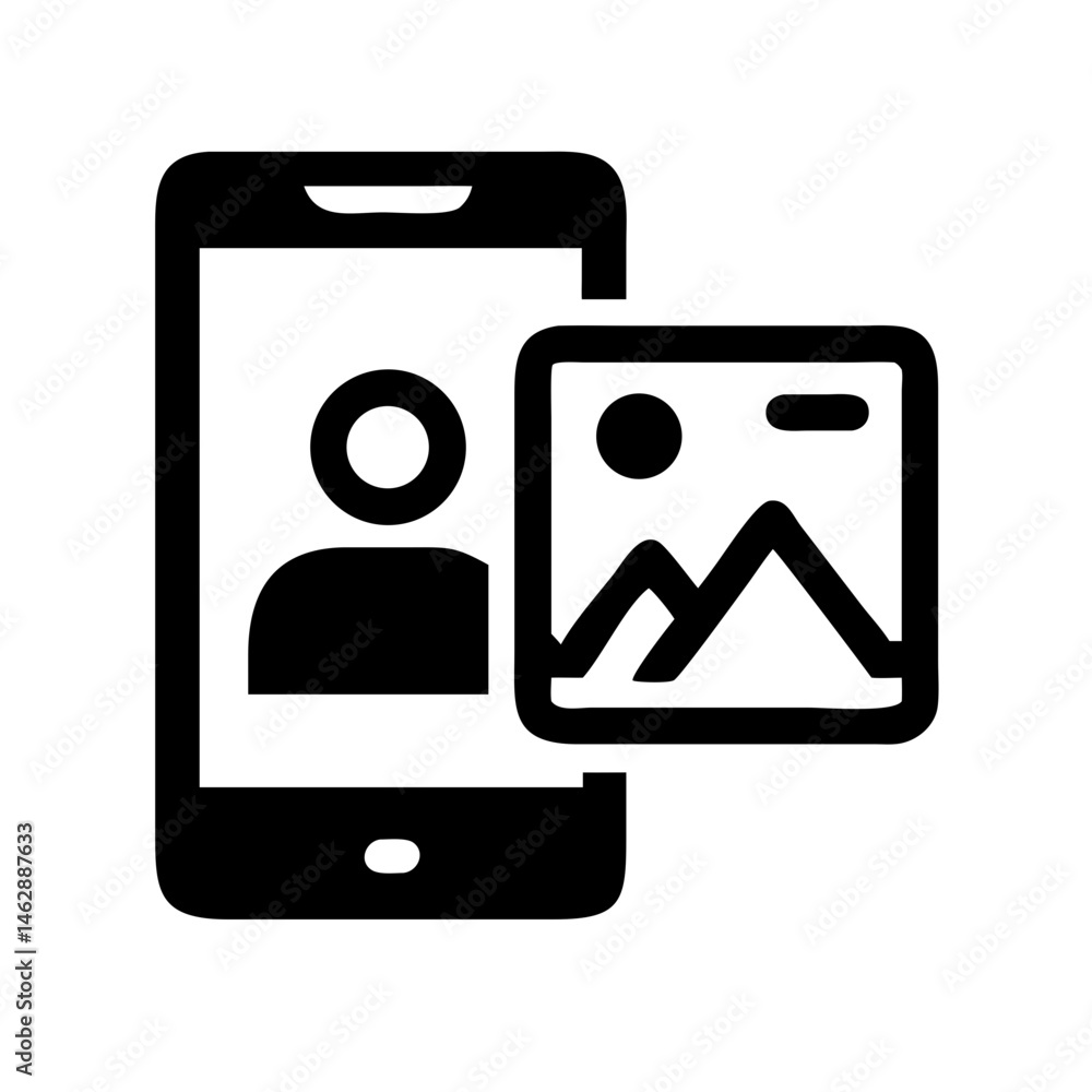Poster mobile device with photo silhouette on transparent background for web and graphic design