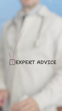 Professional doctor checking expert medical advice checkbox on transparent board, wearing lab coat and stethoscope, symbolizing healthcare validation and professional expertise