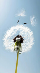 Dandelion seeds blowing in the wind against a clear blue sky; perfect for nature, spring, or wish themes