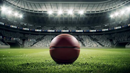 Sport arena with a basketball on the court under spotlight  