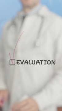 Medical professional wearing lab coat and stethoscope checking evaluation box on transparent screen, analyzing healthcare information with digital precision against white background