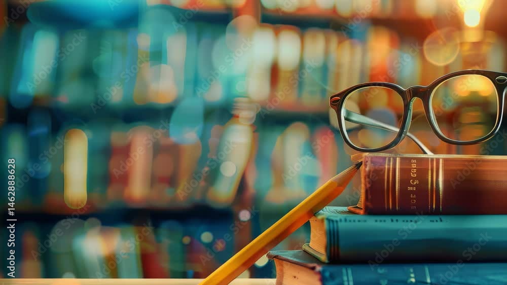 Poster close-up shot features books, glasses, and a pencil, set against a library background. the warm ligh