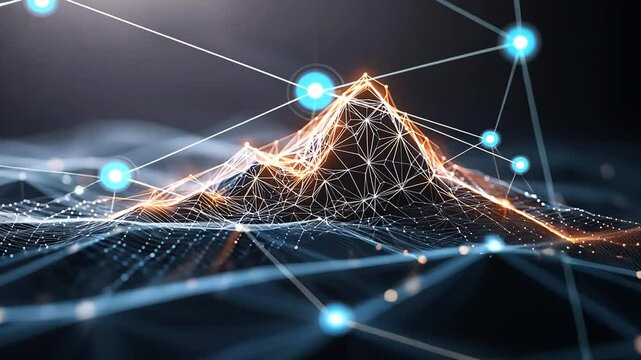 Abstract digital mountain range with connecting nodes, data visualization concept