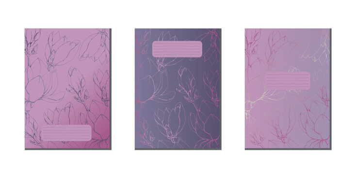 Cover design with floral pattern. Liner graphic on pink gray background.  Vector template for notebooks, planners, copybooks.
