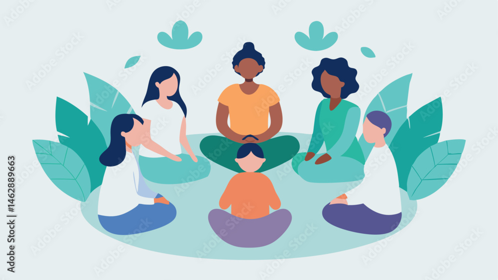 Poster meditation circle a diverse group of individuals meditating together each in a comfortable seated po