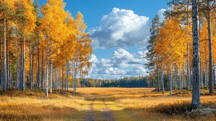 Fototapeta premium Autumn Forest Meadow with Golden Birch Trees and Cloudy Blue Sky