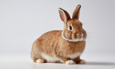 A brown rabbit sits on a white floor, offering a warm and cozy scene