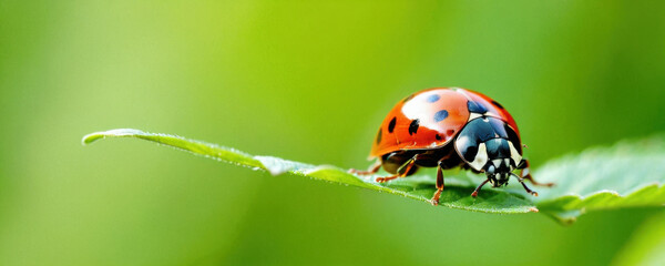 Fototapeta premium A ladybug sitting on top of a green leaf, perfect for nature or garden-themed illustrations