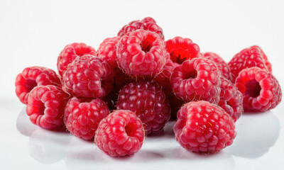 A pile of fresh raspberries on a white surface, ideal for food styling or photography