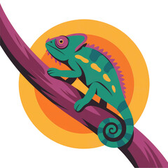 A vibrant digital vector illustration a chameleon on a tree, png