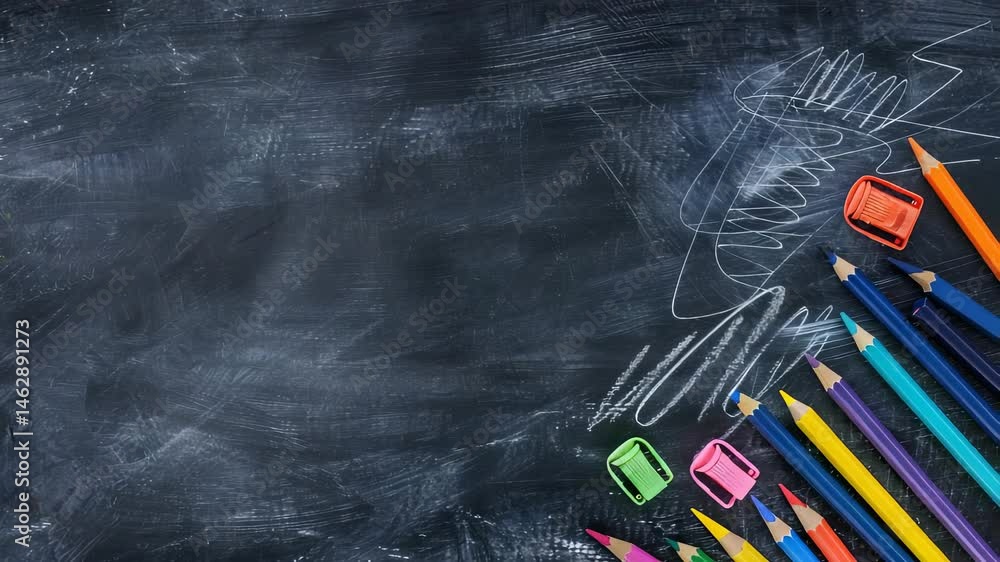 Aufkleber overhead shot of a chalkboard background with a colorful pencils and sharpeners in the corner and so