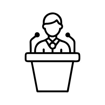 recommend clip art: outline icon of elected official speaking at podium with microphones and medal, symbol of leadership, public speech and election results, black on white