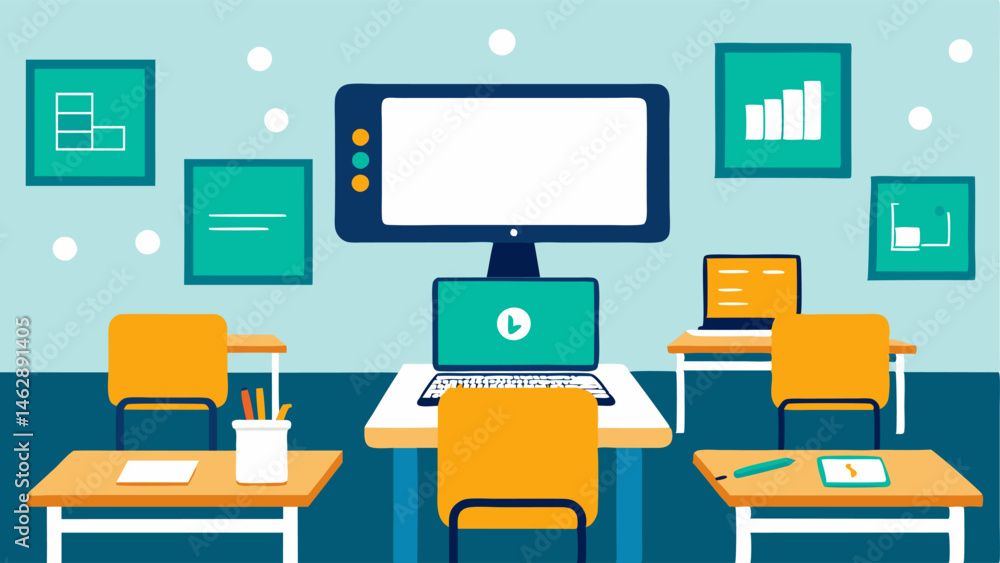Poster interactive learning spaces a classroom scene with desks arranged for group learning. each desk has 