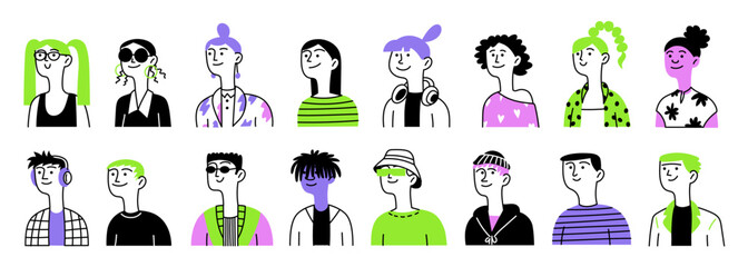 Diversity set of young people. Man and woman, international, different shapes. Avatar. Vector linear doodle isolated illustration