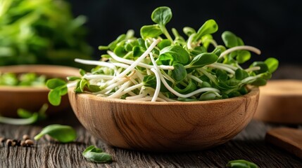 An inviting wooden bowl filled with fresh sprouts, beautifully arranged to emphasize the flavors and textures that enhance healthy meals and inspire nutritious culinary creations.