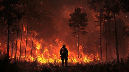 Fototapeta premium Firefighter facing wildfire, night, forest, intense flames, environmental disaster