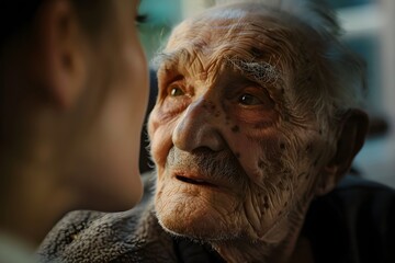 Kind nurse offers compassionate care to elderly patient during consultation.