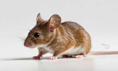 A small brown mouse stands on a white surface