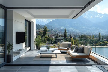 Fototapeta premium Modern patio overlooking lake & mountains; luxury living
