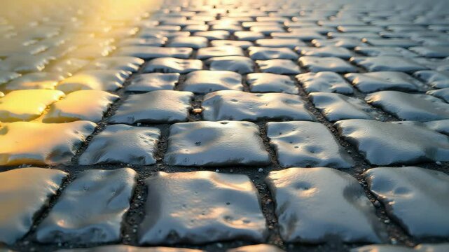 Bright rays of light move across the stones of the cobblestone street