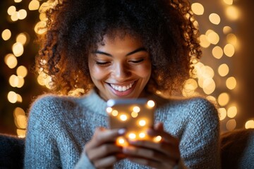Woman smiling at phone, Christmas lights. Lifestyle photo for holiday greetings