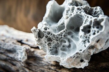 A close-up of a porous, gray, textured rock formation resembling a unique abstract sculpture.