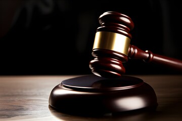 Obraz premium Judge wooden gavel striking sound block on dark polished courtroom bench dramatic lighting