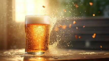 An exhilarating moment captured as a glass of beer erupts in a frothy splash, illuminated by warm sunlight, representing the joy of celebration and relaxation in leisure moments.