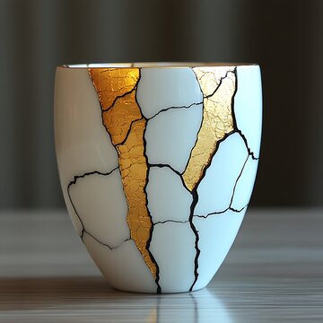 Kintsugi Photo Of A Repaired White Vase With Golden Seams Artistically