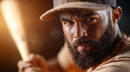 A close-up portrait of a determined baseball player with a beard, gripping a bat tightly. The dramatic lighting enhances the intense look on his face as he prepares to swing.