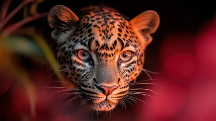 This stunning close-up image features the face of a leopard, capturing its intense gaze, unique spots, and the vibrant colors of its fur, evoking the beauty of wildlife.