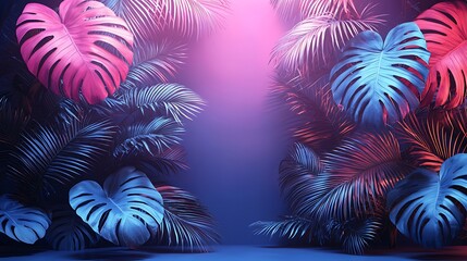 tropical jungle background with palm leaves and pink and blue colors