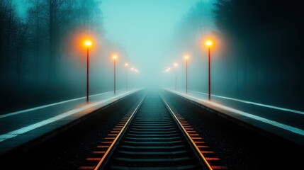 A hauntingly beautiful train station enveloped in fog, illuminated by soft lights creates an atmosphere of mystery and anticipation for travelers in search of adventure.