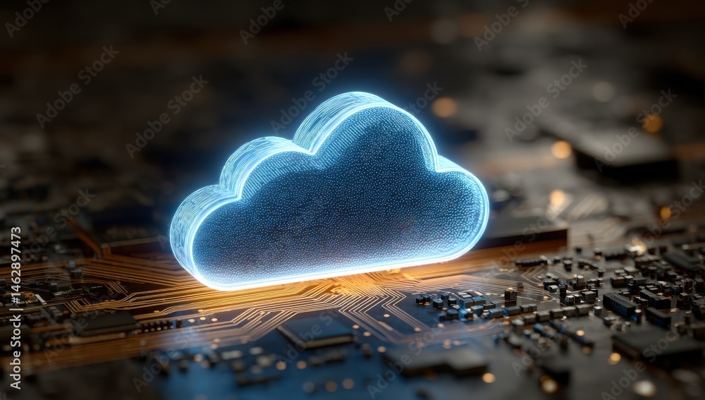 Poster glowing cloud computing symbol on circuit board